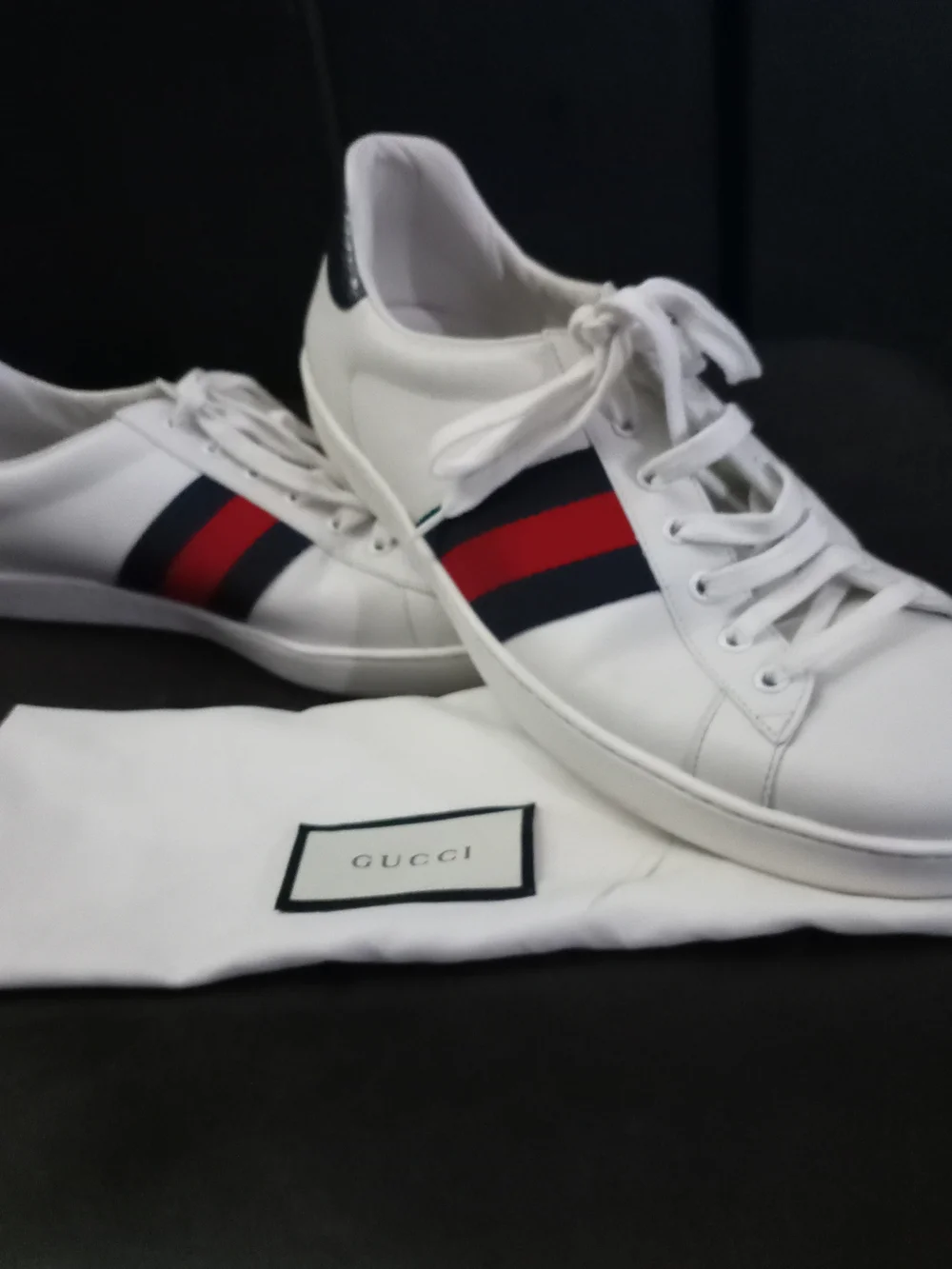 Gucci Ace Classic Mens. White Leather Sneakers Navy & Red Stripes. Size USA 14